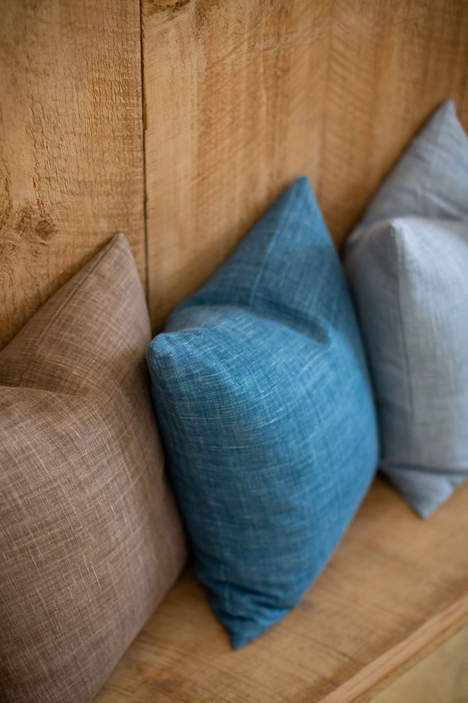 Solid Blue 20x20 Decorative Pillow Cover Styled on Bench
